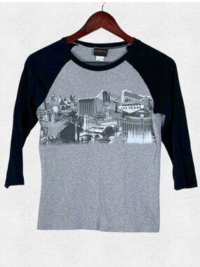 Vintage MGM Mirage Las Vegas Raglan 3/4 Sleeve Baby Tee Large Gray Glitter Logo